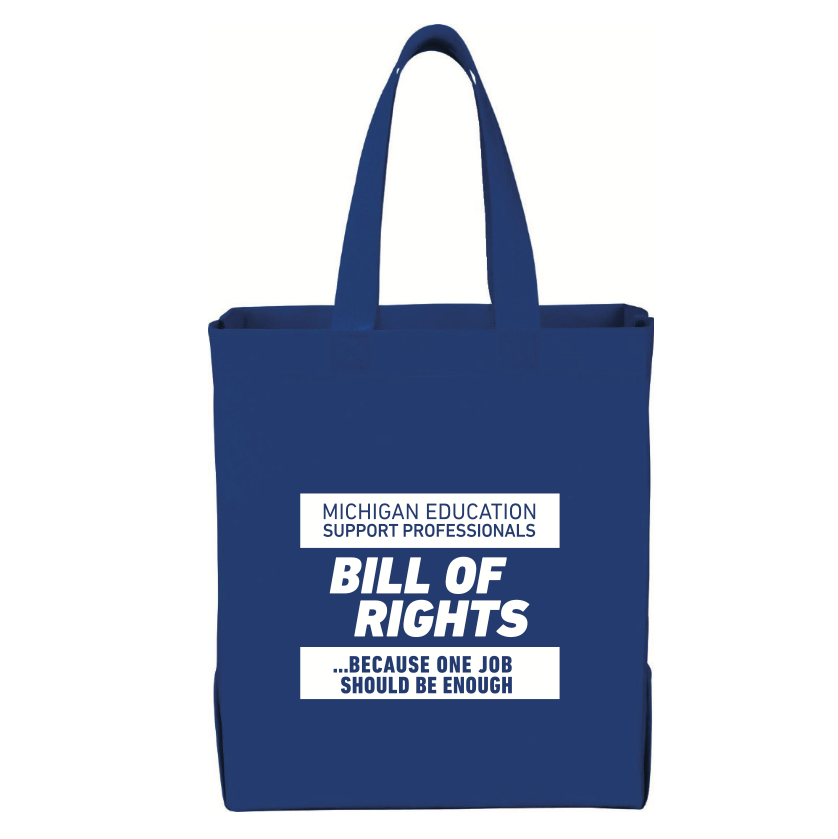 Blue tote bag with text on a white background