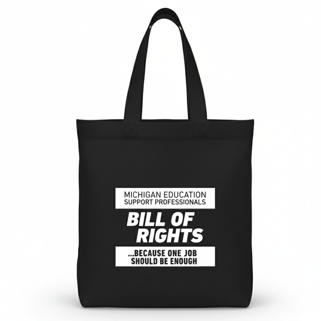 Black tote bag with white text on a white background