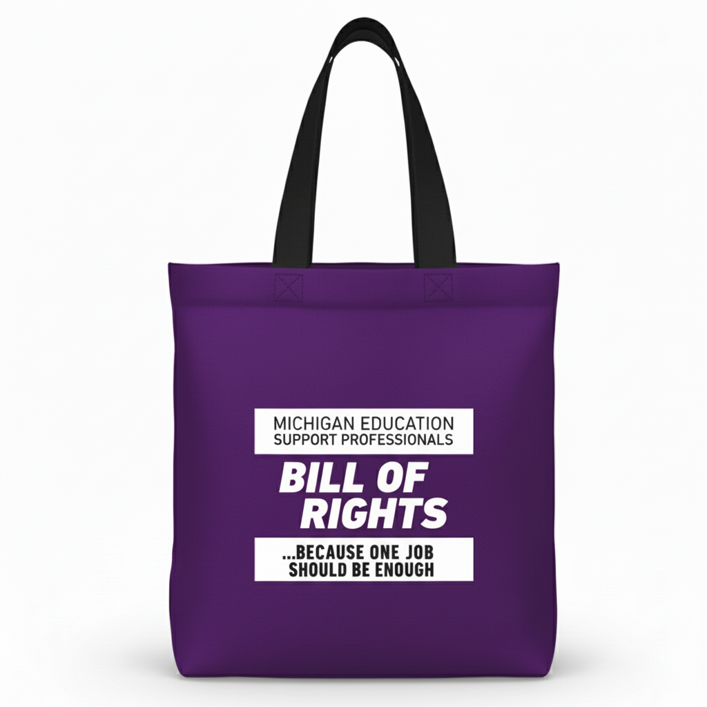 Purple tote bag with white text on a white background
