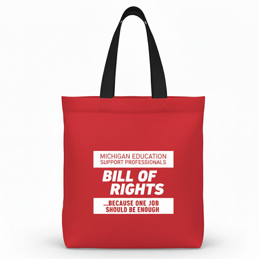 Red tote bag with white text on a white background