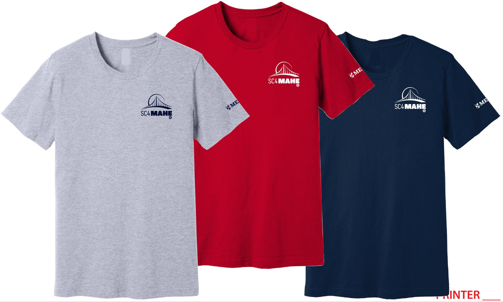 Three MEA branded t-shirts in gray, red, and navy with logos on a white background.