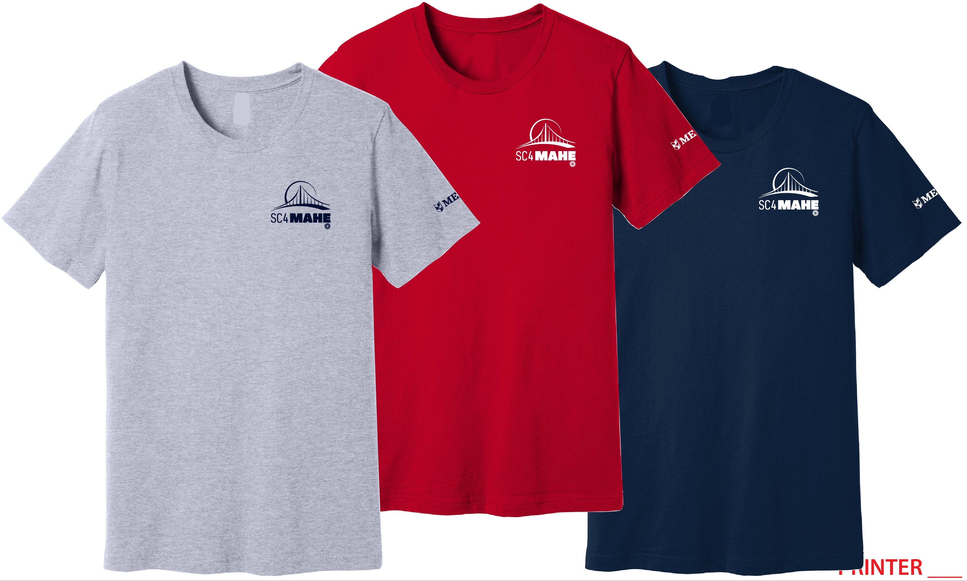 Three MEA branded t-shirts in gray, red, and navy with logos on a white background.