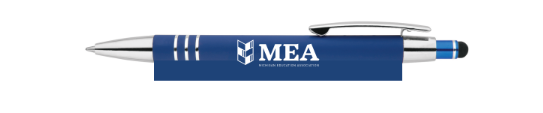 Blue pen with MEA branding on a white background