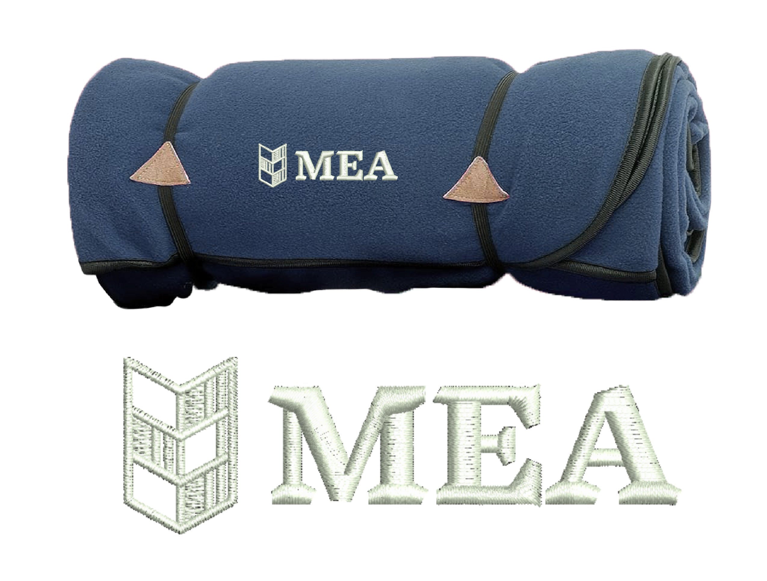 Art placement proof of a blue blanket with MEA logo, showing product details and approval form.