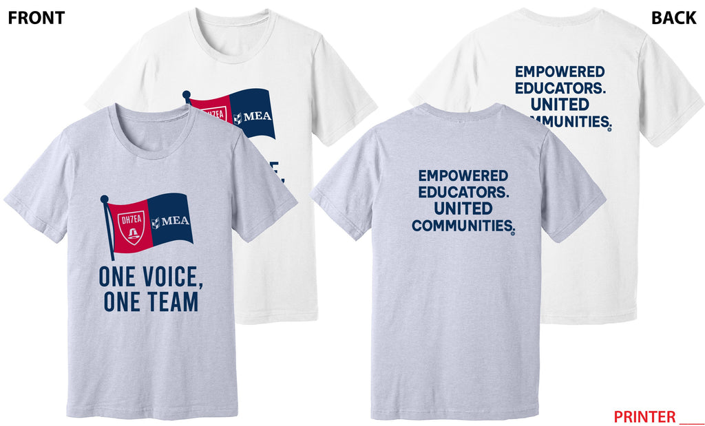 Gray t-shirt with MEA logo and text on front and back, displayed against a white background.