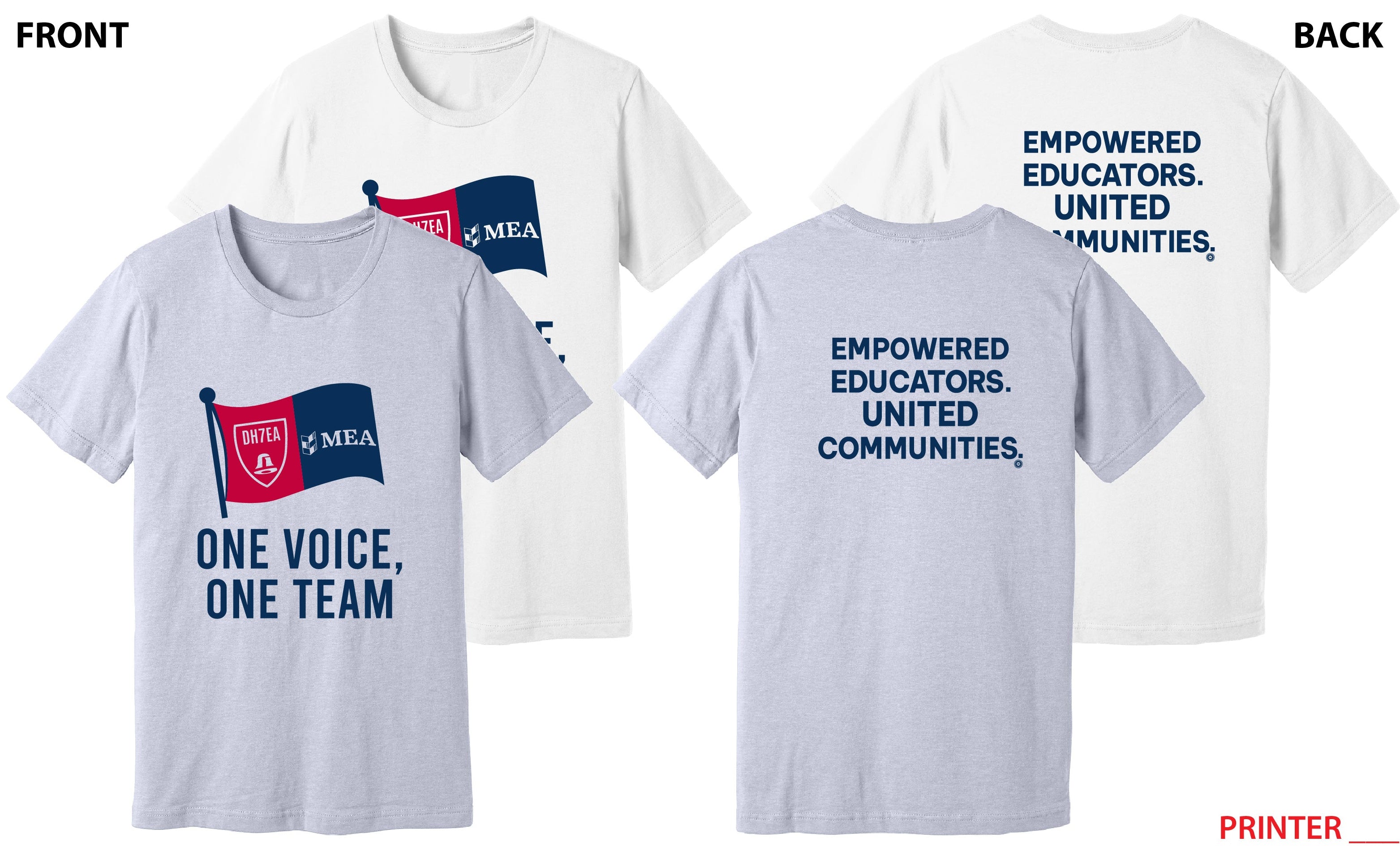 Gray t-shirt with MEA logo and text on front and back, displayed against a white background.